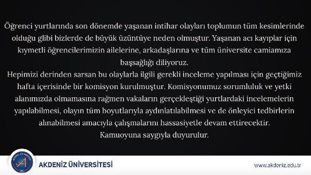 Son 2 ayda 4 öğrencisi intihar eden Akdeniz Üniversitesi, olaylarla ilgili harekete geçti Son 2 ayda 4 öğrencisi intihar eden Akdeniz Üniversitesi, olaylarla ilgili harekete geçti
