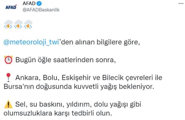 Son Dakika! AFAD bugün öğle saatlerinden sonra Ankara, Bolu, Eskişehir, Bilecik ve Bursa'da etkili olacak kuvvetli yağış nedeniyle vatandaşları uyardı Son Dakika! AFAD bugün öğle saatlerinden sonra Ankara, Bolu, Eskişehir, Bilecik ve Bursa'da etkili olacak kuvvetli yağış nedeniyle vatandaşları uyardı