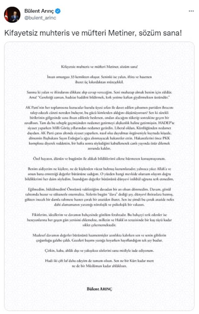 'Kral çıplak' çıkışıyla başlayan tartışmada tansiyon yükseliyor! Bülent Arınç'tan Metiner'e zehir zemberek sözler 'Kral çıplak' çıkışıyla başlayan tartışmada tansiyon yükseliyor! Bülent Arınç'tan Metiner'e zehir zemberek sözler
