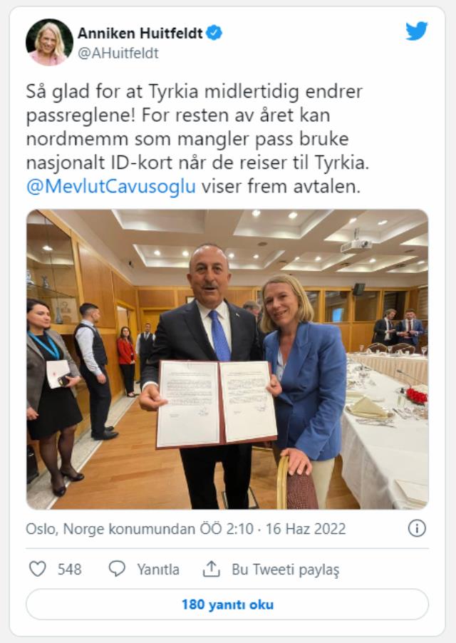 Norveçli bakanın duyurduğu anlaşma sosyal medyada gündem oldu: Türkiye'ye yalnızca kimlikle giriş yapabilecekler Norveçli bakanın duyurduğu anlaşma sosyal medyada gündem oldu: Türkiye'ye yalnızca kimlikle giriş yapabilecekler