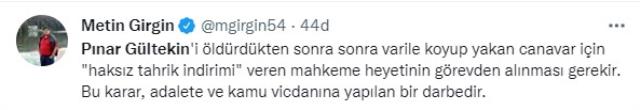 Pınar Gültekin'in katiline verilen 23 yıllık hapis cezasına tepkiler dinmiyor Pınar Gültekin'in katiline verilen 23 yıllık hapis cezasına tepkiler dinmiyor