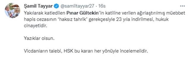 Pınar Gültekin'in katiline verilen 23 yıllık hapis cezasına tepkiler dinmiyor Pınar Gültekin'in katiline verilen 23 yıllık hapis cezasına tepkiler dinmiyor