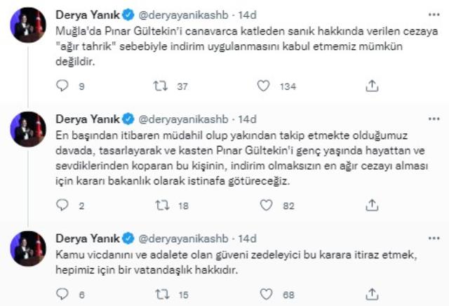 Son Dakika: Pınar Gültekin'in katiline verilen indirimden Bakan Yanık'ta rahatsız: Kabul edilemez, istinafa götüreceğiz Son Dakika: Pınar Gültekin'in katiline verilen indirimden Bakan Yanık'ta rahatsız: Kabul edilemez, istinafa götüreceğiz