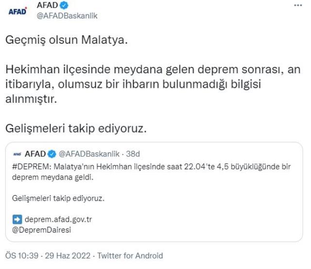 Son dakika: Malatya'da 4.5 büyüklüğünde deprem meydana geldi Son dakika: Malatya'da 4.5 büyüklüğünde deprem meydana geldi