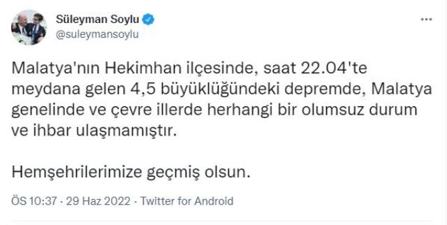 Son dakika: Malatya'da 4.5 büyüklüğünde deprem meydana geldi Son dakika: Malatya'da 4.5 büyüklüğünde deprem meydana geldi