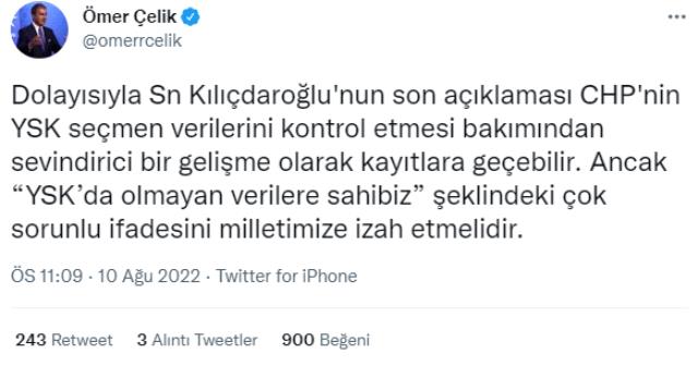 AK Parti Sözcüsü Ömer Çelik'ten Kılıçdaroğlu'na: 'YSK'da olmayan veriler bizde var' demesi çok sorunlu bir ifadedir AK Parti Sözcüsü Ömer Çelik'ten Kılıçdaroğlu'na: 'YSK'da olmayan veriler bizde var' demesi çok sorunlu bir ifadedir