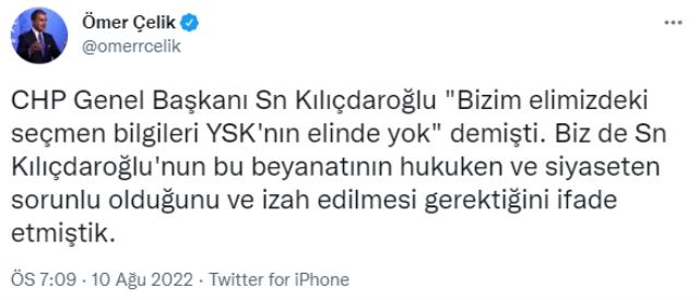 AK Parti Sözcüsü Ömer Çelik'ten Kılıçdaroğlu'na: 'YSK'da olmayan veriler bizde var' demesi çok sorunlu bir ifadedir AK Parti Sözcüsü Ömer Çelik'ten Kılıçdaroğlu'na: 'YSK'da olmayan veriler bizde var' demesi çok sorunlu bir ifadedir