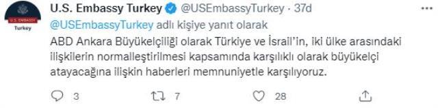 Türkiye ve İsrail'in karşılıklı büyükelçi ataması kararına ABD'den ilk açıklama: Memnuniyetle karşılıyoruz Türkiye ve İsrail'in karşılıklı büyükelçi ataması kararına ABD'den ilk açıklama: Memnuniyetle karşılıyoruz