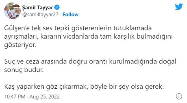 AK Partili Şamil Tayyar, şarkıcı Gülşen'in tutuklanma kararını eleştirdi: Kaş yaparken göz çıkarmak böyle bir şey olsa gerek AK Partili Şamil Tayyar, şarkıcı Gülşen'in tutuklanma kararını eleştirdi: Kaş yaparken göz çıkarmak böyle bir şey olsa gerek