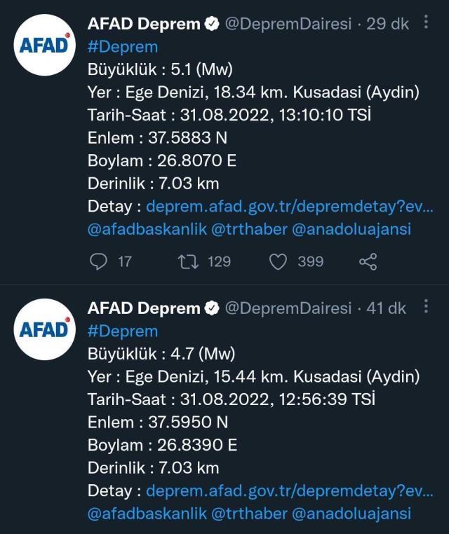 Ege beşik gibi sallandı! Kuşadası açıklarında 15 dakika arayla 4.7 ve 5.1 büyüklüklerinde deprem oldu Ege beşik gibi sallandı! Kuşadası açıklarında 15 dakika arayla 4.7 ve 5.1 büyüklüklerinde deprem oldu