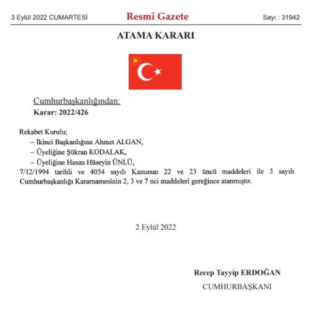 Cumhurbaşkanı Erdoğan'ın imzasıyla Rekabet Kurulu'na 3 yeni isim atandı