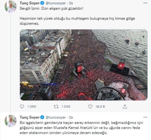 İzmir'in kurtuluş yıl dönümünde yaptığı konuşma nedeniyle tepki çeken Tunç Soyer'den eleştirilere yanıt: Atatürk'ün izin yürümeye devam edeceğiz İzmir'in kurtuluş yıl dönümünde yaptığı konuşma nedeniyle tepki çeken Tunç Soyer'den eleştirilere yanıt: Atatürk'ün izin yürümeye devam edeceğiz