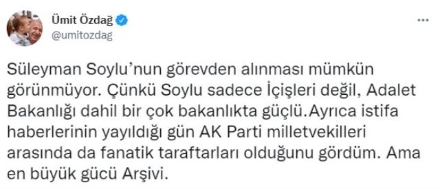 Ümit Özdağ'dan şaşırtan Süleyman Soylu paylaşımı: Görevden alınması mümkün görünmüyor Ümit Özdağ'dan şaşırtan Süleyman Soylu paylaşımı: Görevden alınması mümkün görünmüyor