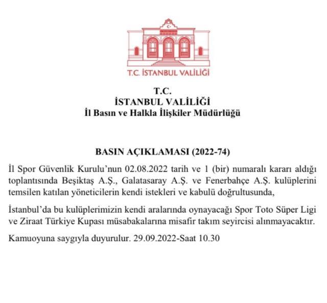 Kulüplerin isteğiyle alınan karar: Galatasaray, Beşiktaş ve Fenerbahçe aralarındaki karşılaşmalara seyirci götürmeyecek