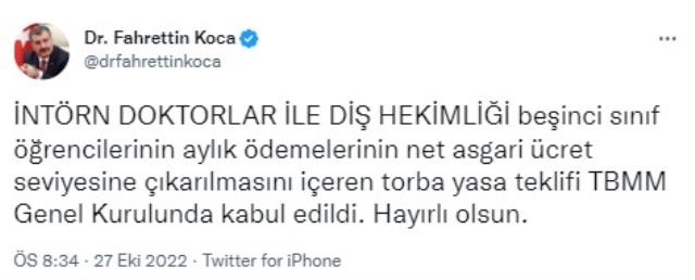 İntörn doktorlar ve diş hekimliği 5'inci sınıf öğrencilerinin aylık ödemeleri asgari ücret seviyesine çıkarıldı
