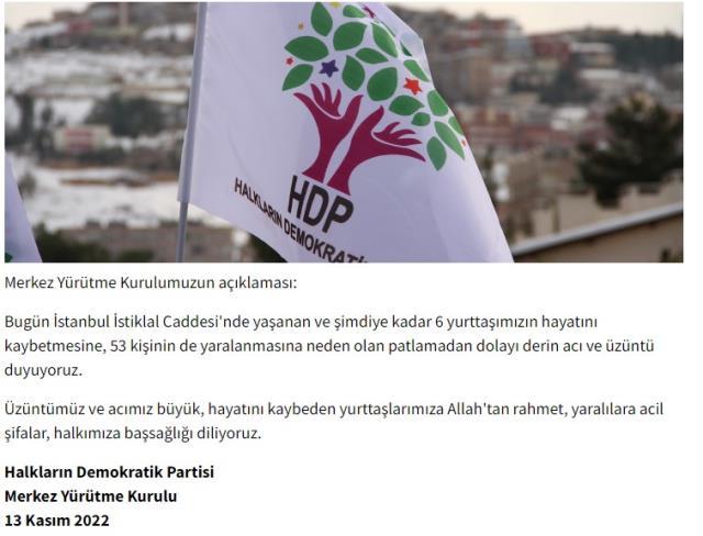 Taksim'deki patlamayla ilgili HDP'den ilk açıklama: Üzüntümüz ve acımız büyük