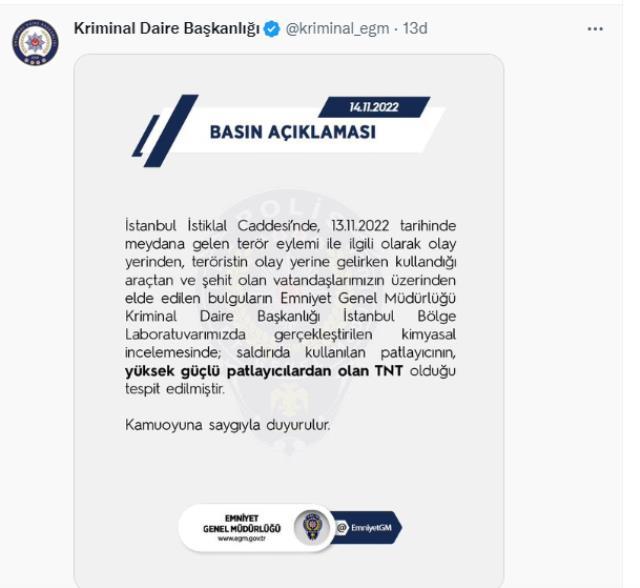 EGM Kriminal Daire Başkanlığı: İstiklal Caddesi'ndeki saldırıda kullanılan patlayıcının TNT olduğu tespit edildi