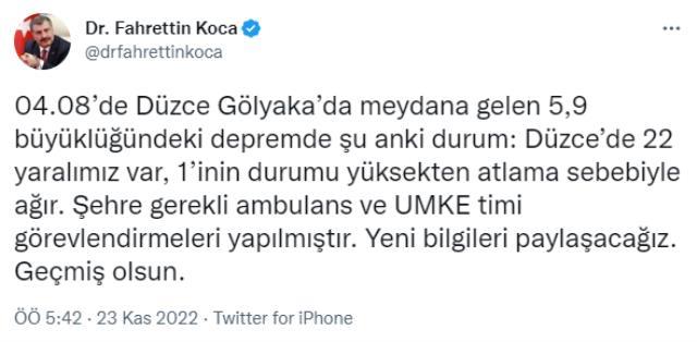 Bakan Koca Düzce'de yaşanan 5.9 şiddetindeki depreme ilişkin son durumu paylaştı: 22 yaralımız var, 1'inin durumu ağır