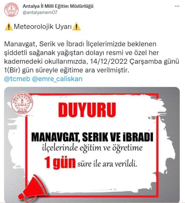 Antalya'da alarm verildi! Yağış beklentisi nedeniyle 3 ilçede okullar tatil edildi Antalya'da alarm verildi! Yağış beklentisi nedeniyle 3 ilçede okullar tatil edildi