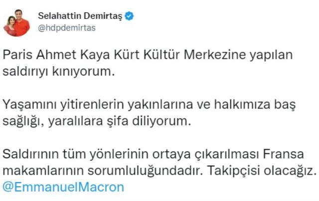 Demirtaş, Paris'teki saldırı sonrası Macron'u etiketleyip paylaşım yaptı