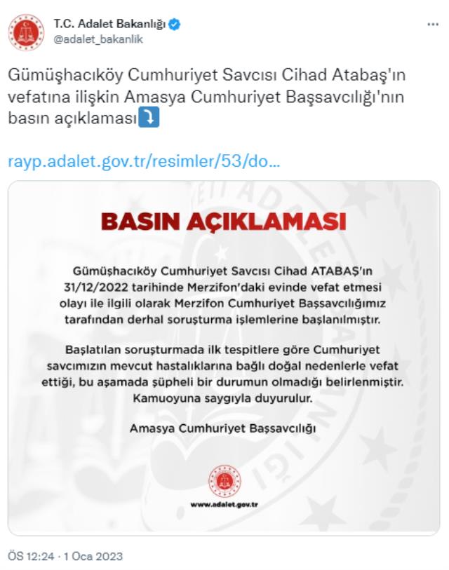 Cumhuriyet Savcısı Cihad Atabaş neden öldü? Başsavcılık ilk tespitin sonuçlarını paylaştı