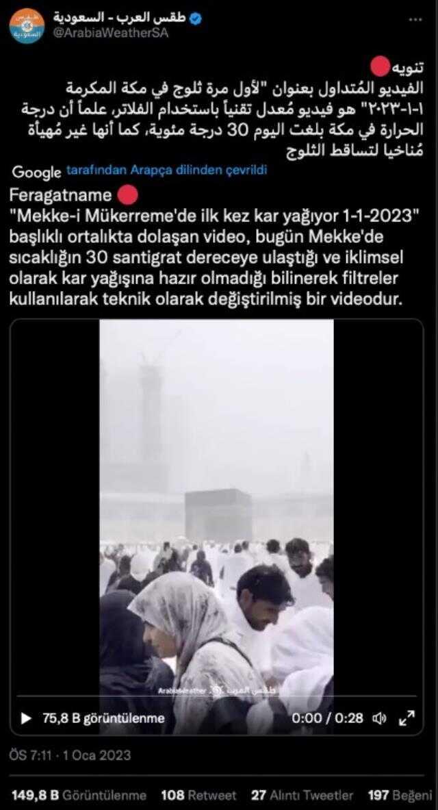 Videonun Kabe'ye kar yağdığını gösterdiği iddiası yanlış