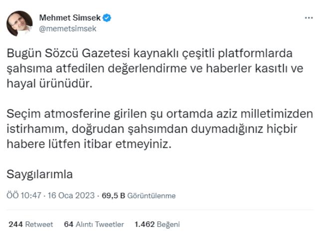 Mehmet Şimşek'ten 'Geri dönmem' dediği iddialarına yanıt: Haberler kasıtlı ve hayal ürünüdür