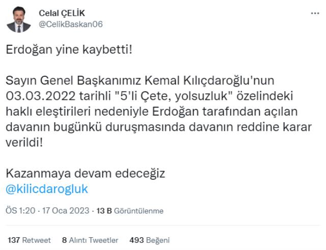 Cumhurbaşkanı Erdoğan'ın Kılıçdaroğlu'nun '5'li Çete, yolsuzluk' eleştirilerine ilişkin açtığı dava reddedildi
