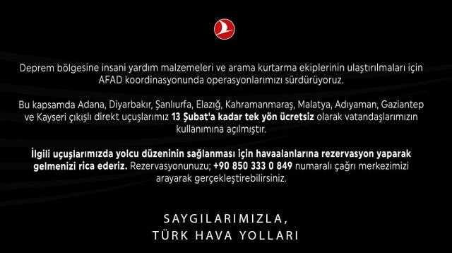 THY, deprem bölgesinde dönüş seferlerini ücretsiz yaptı