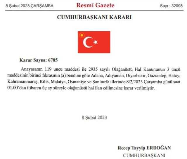 Depremde etkilenen 10 ilde OHAL ilan edilmesine ilişkin karar Cumhurbaşkanı Erdoğan'ın imzasıyla Resmi Gazete'de