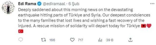 Arnavutluk, Türkiye'deki depremler nedeniyle bir günlük ulusal yas ilan etti