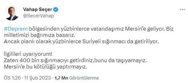 Mersin Büyükşehir Belediye Başkanı'ndan hükümete çağrı: Zaten 400 bin sığınmacıyı getirdiniz, bunu da taşıyamayız