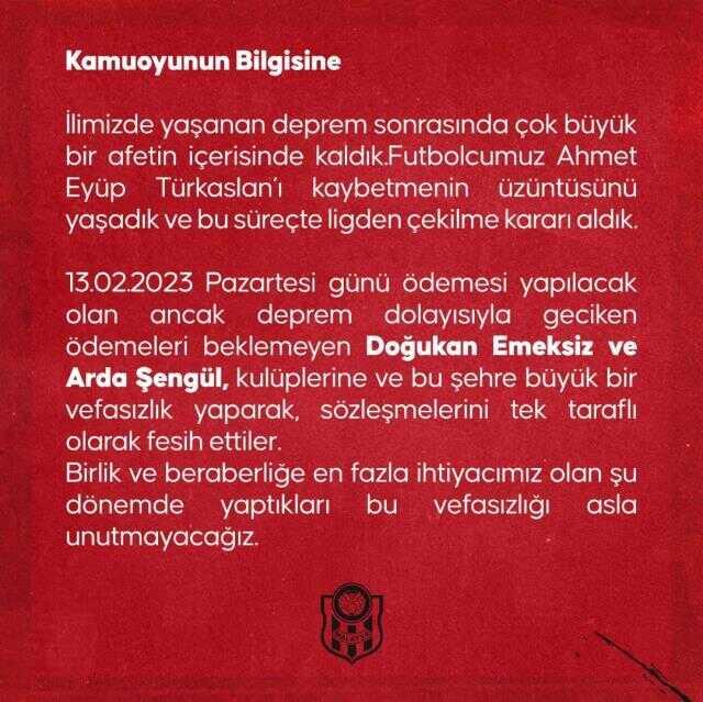 Depremin vurduğu Yeni Malatyaspor'da 2 futbolcu sözleşmesini feshetti: Bu vefasızlığı asla unutmayacağız