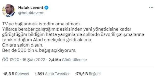 'Türkiye Tek Yürek' kampanyasına Haluk Levent de katıldı: 500 bin TL bağış açıklıyorum 'Türkiye Tek Yürek' kampanyasına Haluk Levent de katıldı: 500 bin TL bağış açıklıyorum