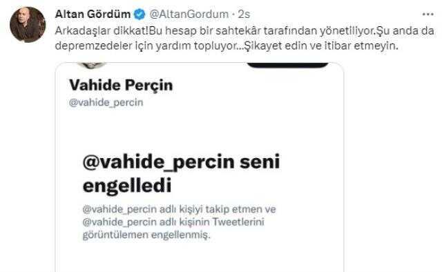 Altan Gördüm, Vahide Perçin adına sahte hesap açarak dolandırıcılık yapıldığını söyleyerek uyardı: İtibar etmeyin