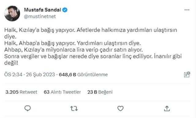 Kızılay'ın depremin 3'üncü gününde Ahbap'a çadır satmasına bir tepki de Mustafa Sandal'dan: İnanılır gibi değil