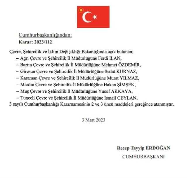 Cumhurbaşkanı Erdoğan'ın imzasıyla 7 ile çevre ve şehircilik il müdürü atandı