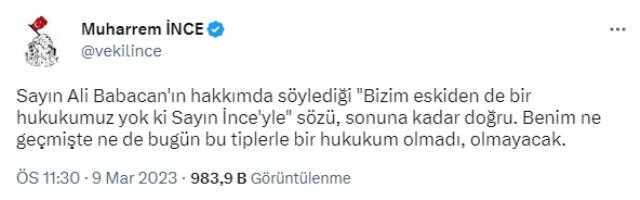 Muharrem İnce'den Babacan'a sert yanıt: Bu tiplerle hukukum olmadı, olmayacak