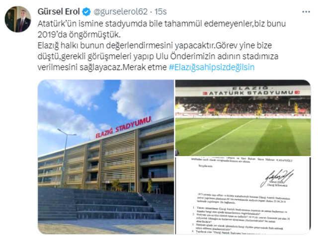 Elazığspor'un yeni stadından Atatürk'ün adı çıkarıldı! Tepkilerin ardı arkası kesilmiyor