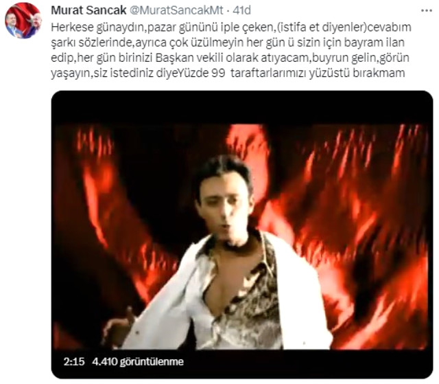 Murat Sancak'tan istifa edeceği iddialarına ilginç cevap! Mustafa Sandal'ın efsane şarkısını paylaştı