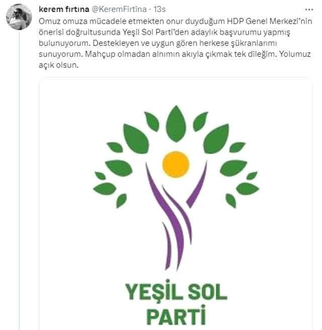 Oyuncu Kerem Fırtına, Yeşil Sol Parti'den milletvekili aday adayı başvurusu yaptı