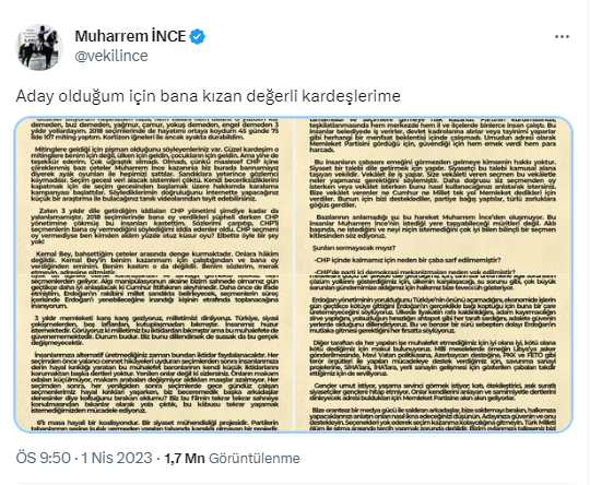 İnce, adaylıktan çekilmesini isteyenlere 4 sayfalık mektupla yanıt verdi: Ben seçime girmezsem Erdoğan ilk turda kazanır