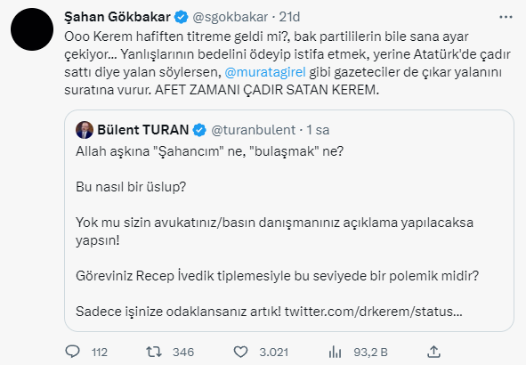 Gökbakar'dan AK Partili Turan'ın tepkisi sonrası Kerem Kınık'a olay mesaj: Kerem hafiften titreme geldi mi?