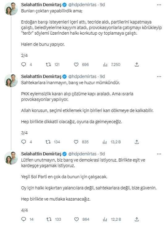 Selahattin Demirtaş'tan dikkat çeken paylaşım: PKK'nın silah bırakması için elimizden geleni yapacağız ve mutlaka başaracağız