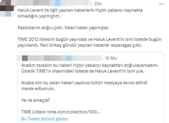 Haluk Levent'in 'Dünyanın en etkili 100 kişisi' arasında gösterilmediği iddiası