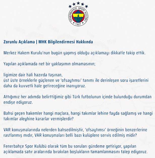 İlk kurşun geldi! Fenerbahçe, hakem kıyımının ardından TFF ve MHK'yi soru yağmuruna tuttu