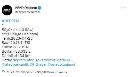 Malatya'da 4 büyüklüğünde deprem