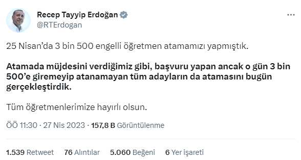 Erdoğan: 3 bin 500'e giremeyen engelli öğretmen adaylarımızın atamasını bugün gerçekleştirdik Erdoğan: 3 bin 500'e giremeyen engelli öğretmen adaylarımızın atamasını bugün gerçekleştirdik