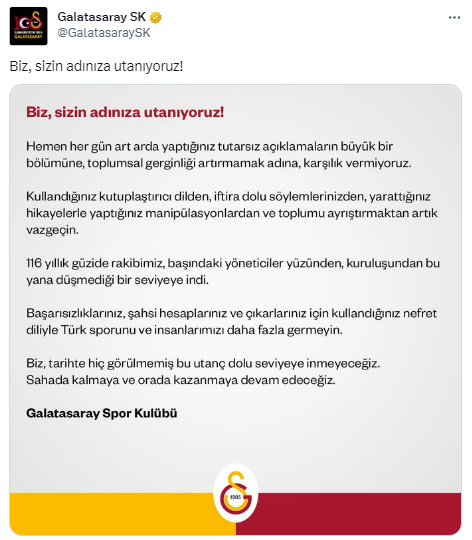 Galatasaray'dan Ali Koç'a zehir zemberek cevap: Sizin adınıza utanıyoruz