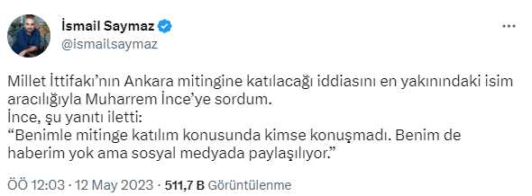 Millet İttifakı'nın Ankara mitingine mi katılacak? Muharrem İnce'den iddialara yanıt geldi Millet İttifakı'nın Ankara mitingine mi katılacak? Muharrem İnce'den iddialara yanıt geldi
